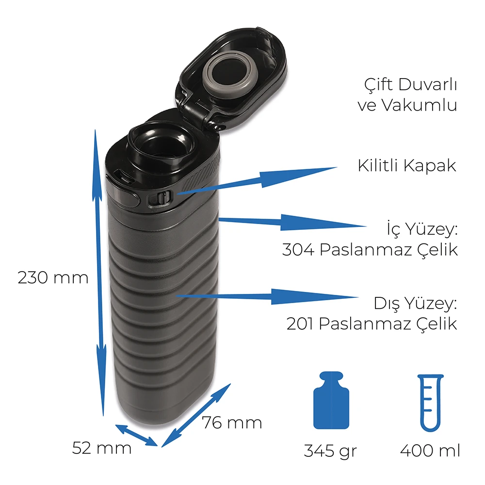 400 ml  Kilitli Kapaklı Çift Duvarlı Paslanmaz Çelik Termos Promozone