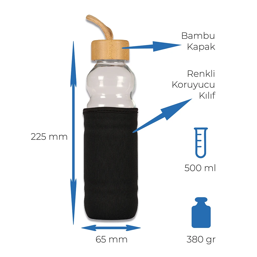 500ml Kılıflı Bambu Kapaklı Su Şişesi Promozone