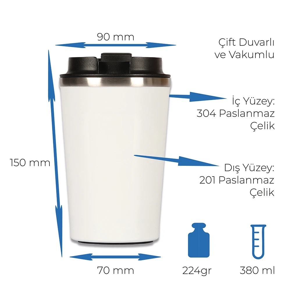 380 ml Beyaz Çift Duvarlı Vakumlu Çelik Termos Bardak