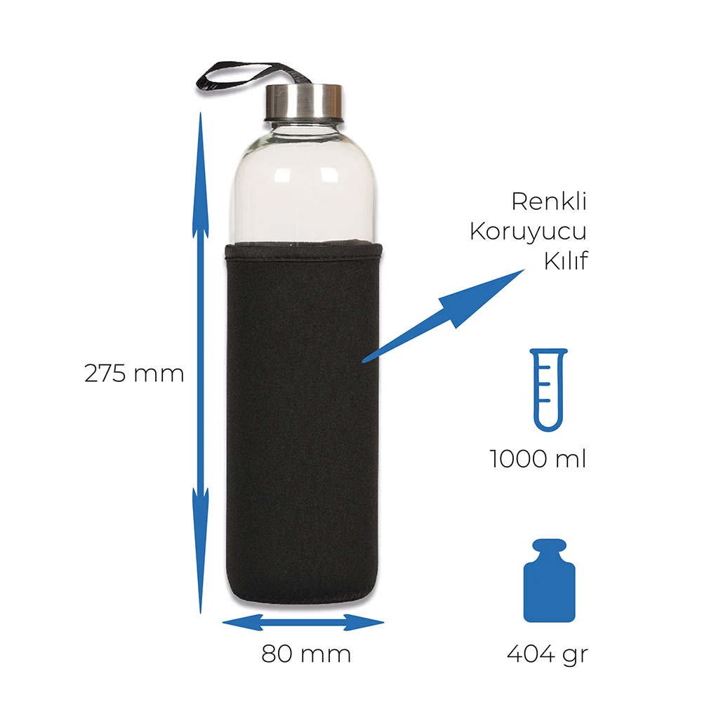 1000 ML Kılıflı Cam Su Şişesi