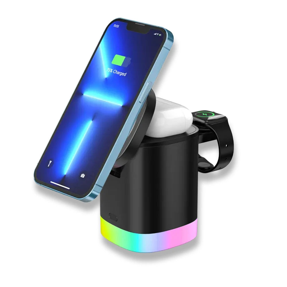 3’ü 1 Arada Kablosuz Şarj Standı (15W Hızlı Şarj, RGB Dekoratif Işıklı, Type-C Girişli) Promozone