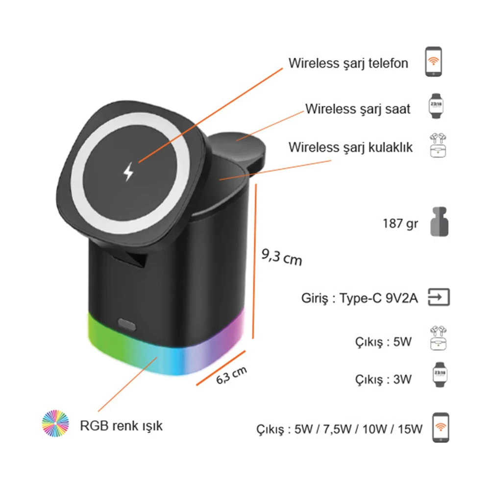 3’ü 1 Arada Kablosuz Şarj Standı (15W Hızlı Şarj, RGB Dekoratif Işıklı, Type-C Girişli) Promozone
