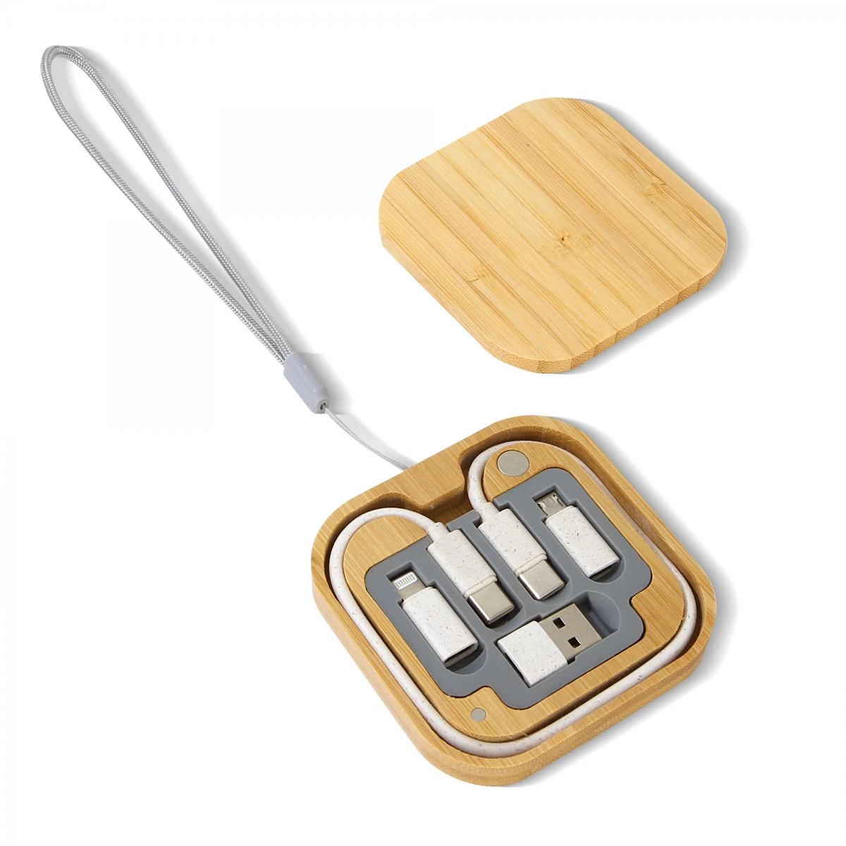 Çok Fonksiyonlu Taşınabilir Kablo Seti (Kare Bambu Kutu, 60W, Sim Kart Saklama + Telefon Standı)