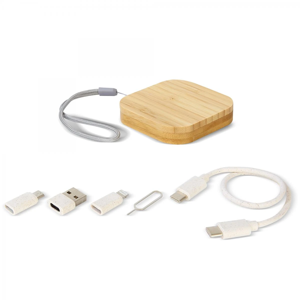 Çok Fonksiyonlu Taşınabilir Kablo Seti (Kare Bambu Kutu, 60W, Sim Kart Saklama + Telefon Standı)