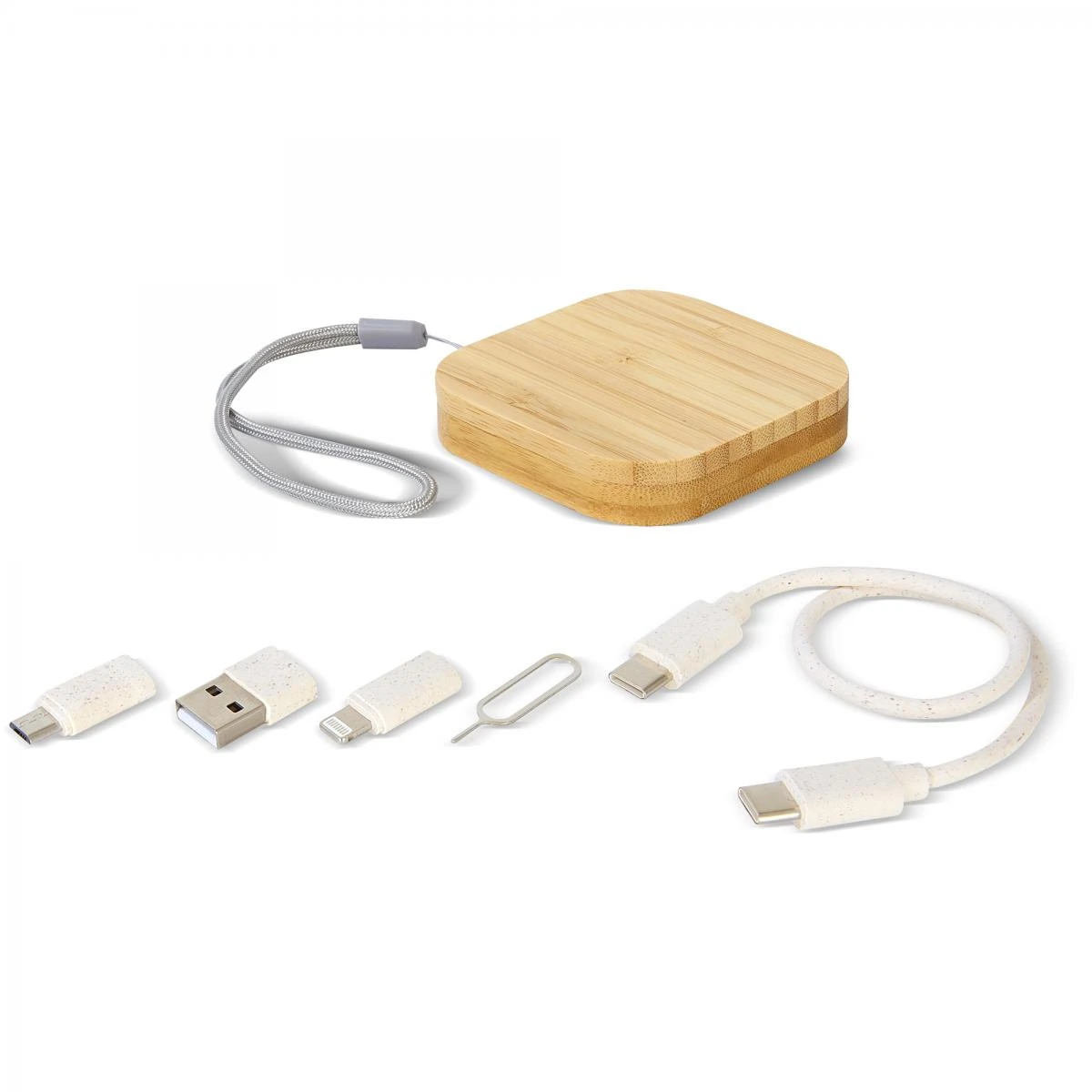 Çok Fonksiyonlu Taşınabilir Kablo Seti (Kare Bambu Kutu, 60W, Sim Kart Saklama + Telefon Standı)