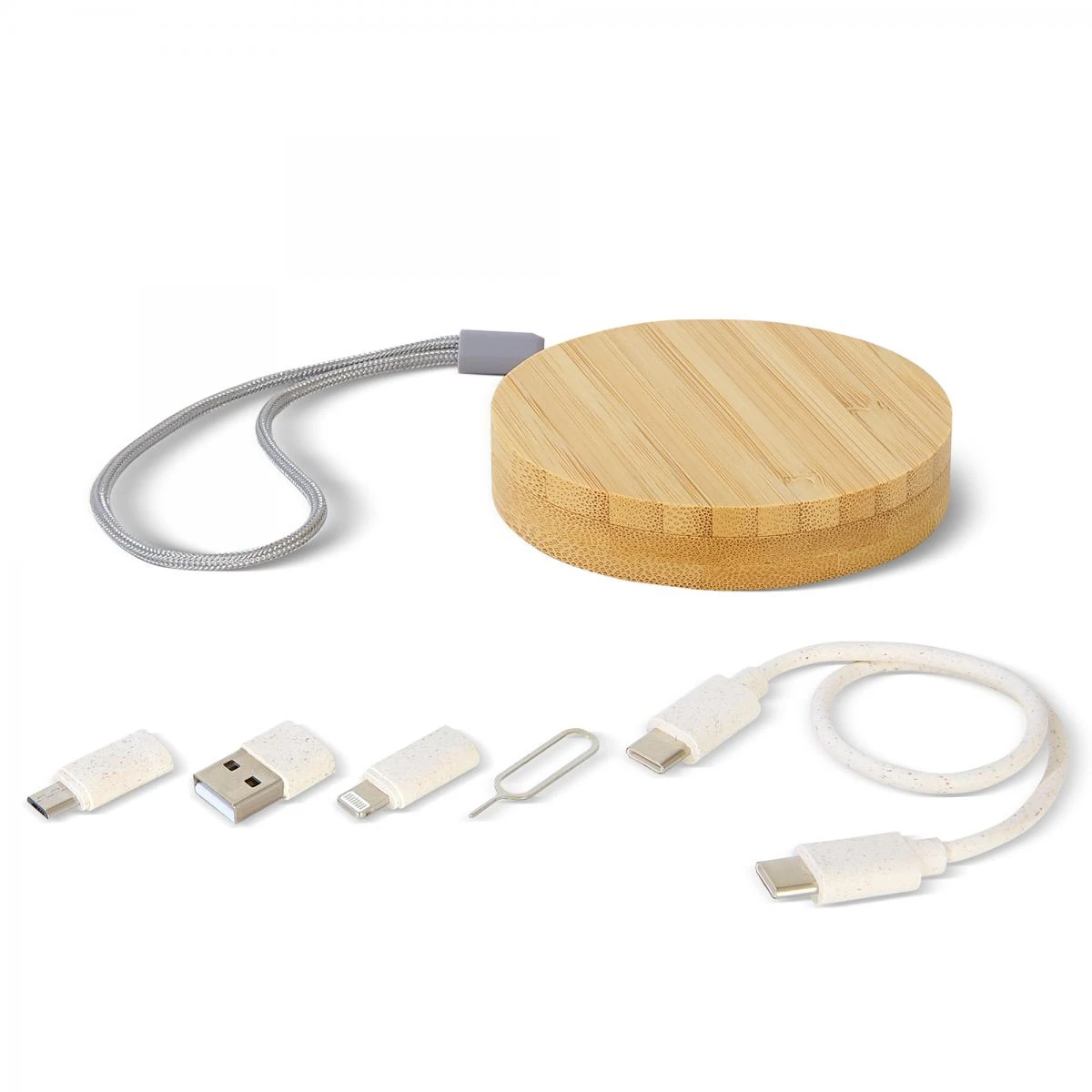 Çok Fonksiyonlu Taşınabilir Kablo Seti (Bambu Kutu, 60W, Sim Kart Yuvalı)