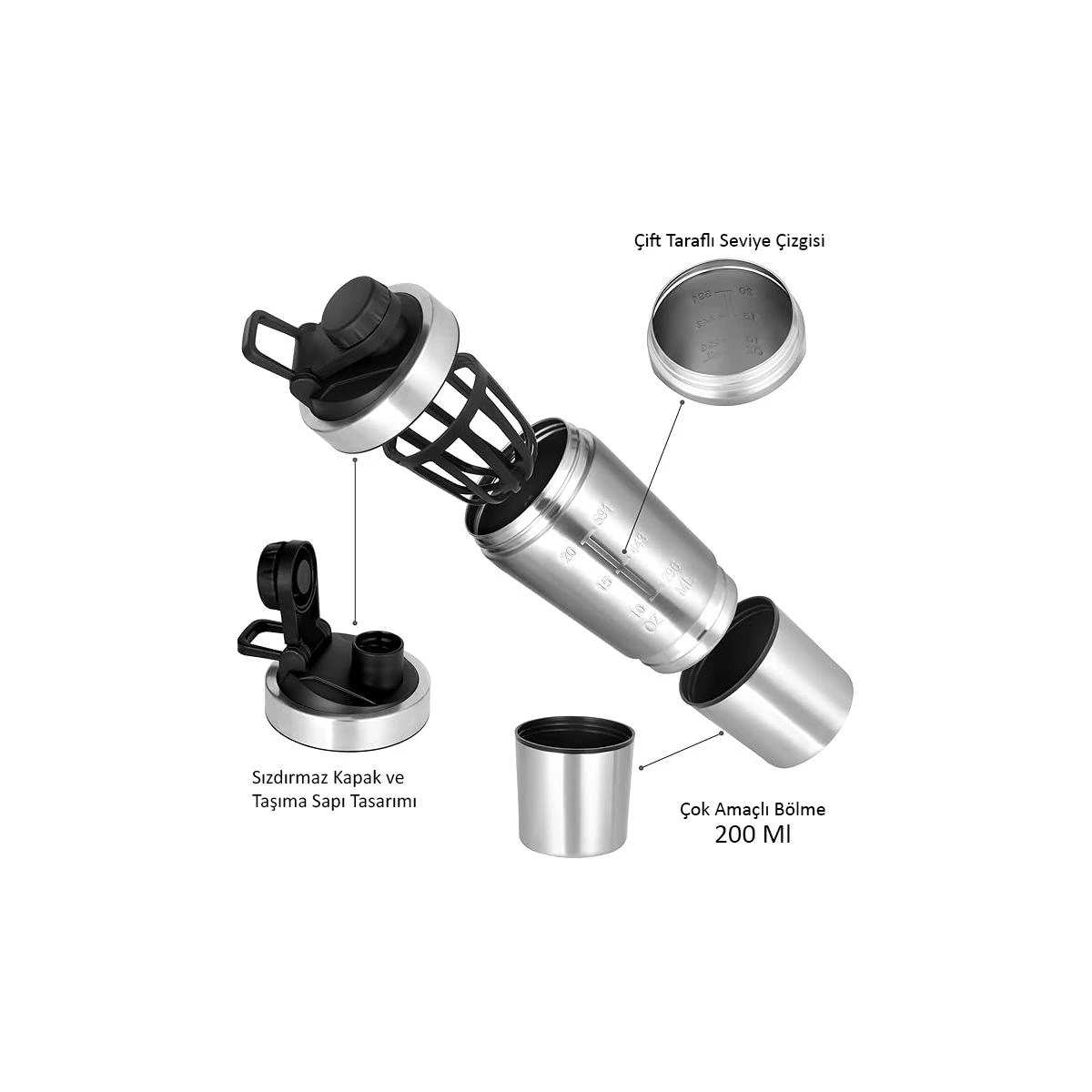 Çelik SHAKER Sporcu Suluğu Protein Shaker ve Smoothie Matarası ( 700 ml )