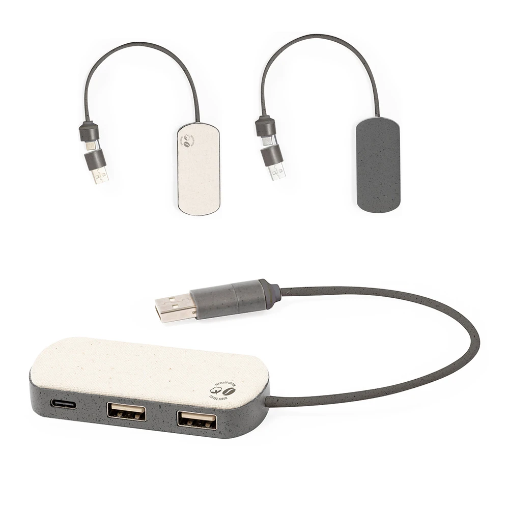 USB Çoklayıcı Hub Kahve Lifi ve Geri Dönüştürülmüş Pamuktan Üretilmiştir (1×USB‑C + 2×USB 2.0) Promozone