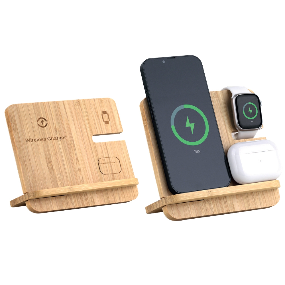 3’ü 1 Arada Bambu Kablosuz Şarj Standı (15 W Hızlı Şarj – Telefon, Akıllı Saat & Kulaklık için) Promozone