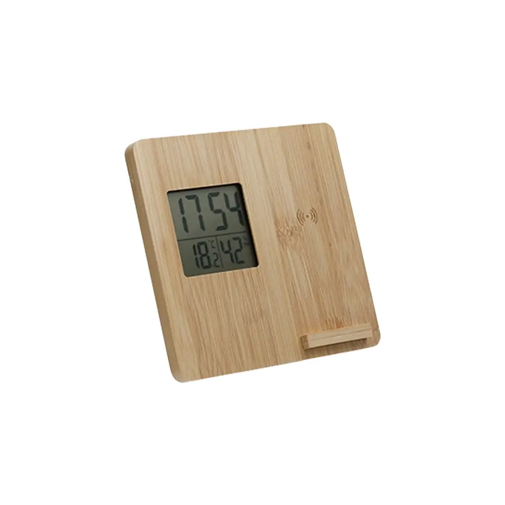 Bambu Masaüstü Saat ve Kablosuz Şarj Cihazı (Alarm, Tarih ve Sıcaklık Göstergeli, Qi Teknolojili) Promozone