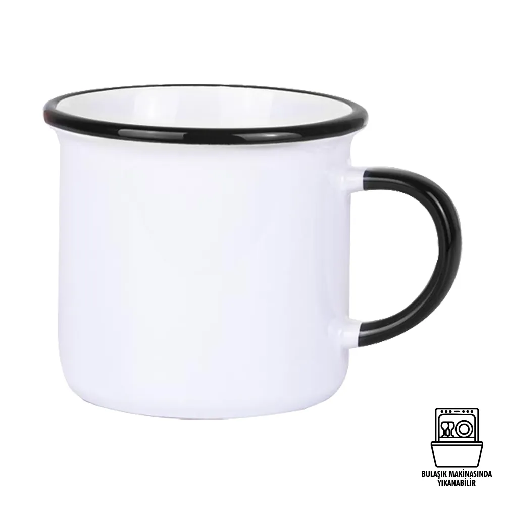 Süblimasyon Kulpu ve Ağız Çevresi Renkli Enamel Emaye Kupa - Kutulu Promozone