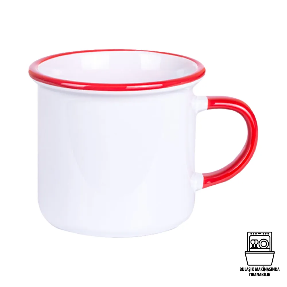 Süblimasyon Kulpu ve Ağız Çevresi Renkli Enamel Emaye Kupa - Kutulu Promozone