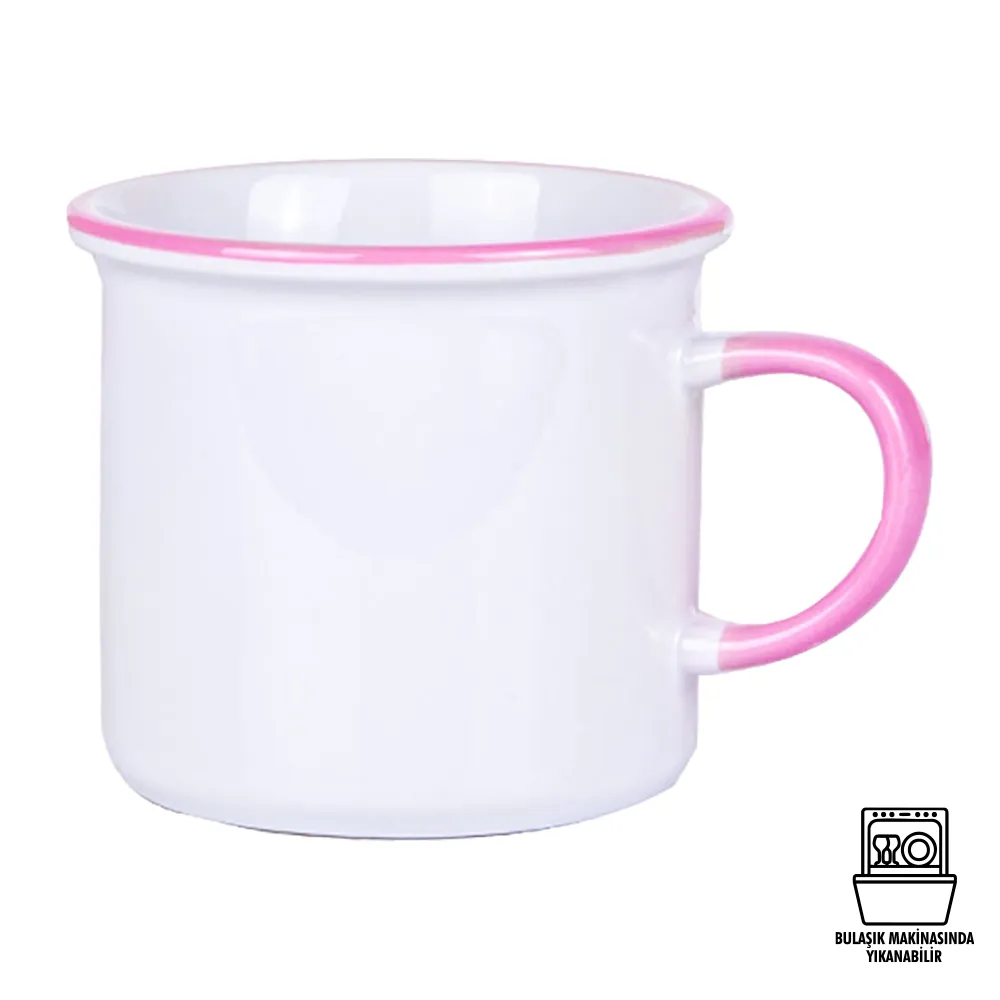 Süblimasyon Kulpu ve Ağız Çevresi Renkli Enamel Emaye Kupa - Kutulu Promozone