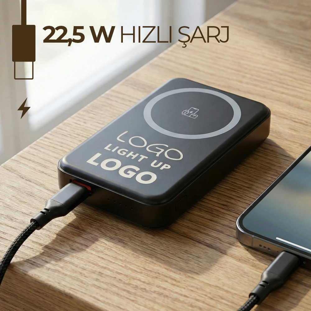 LED Işıklı Logo MagSafe Powerbank 10.000 mAh (22,5W Hızlı Şarj / 15W Wireless / Apple Watch Şarj)