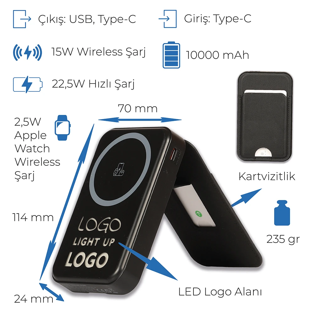 LED Işıklı Logo MagSafe Powerbank 10.000 mAh (22,5W Hızlı Şarj / 15W Wireless / Apple Watch Şarj) Promozone