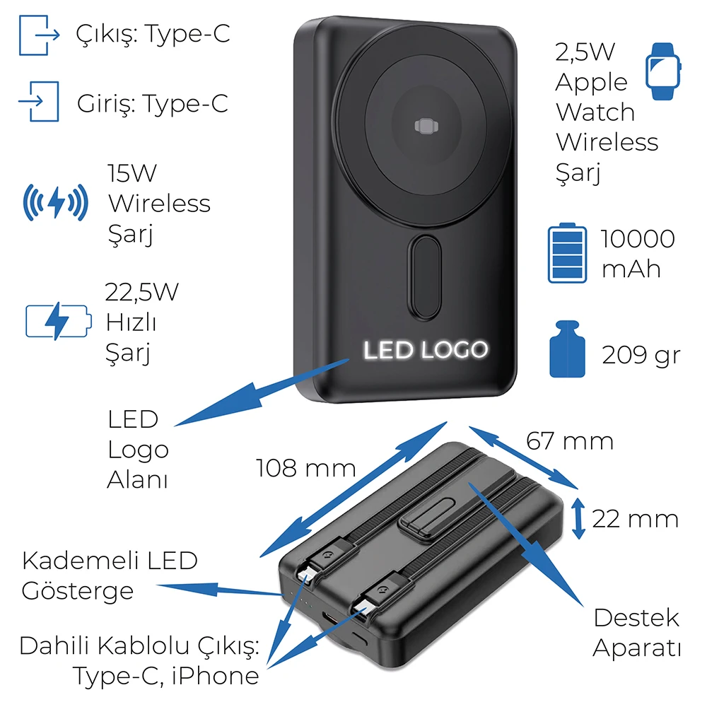 LED Işıklı Logo MagSafe Powerbank 10.000 mAh (22,5W Hızlı Şarj / 15W Wireless / Apple Watch Şarj) Promozone