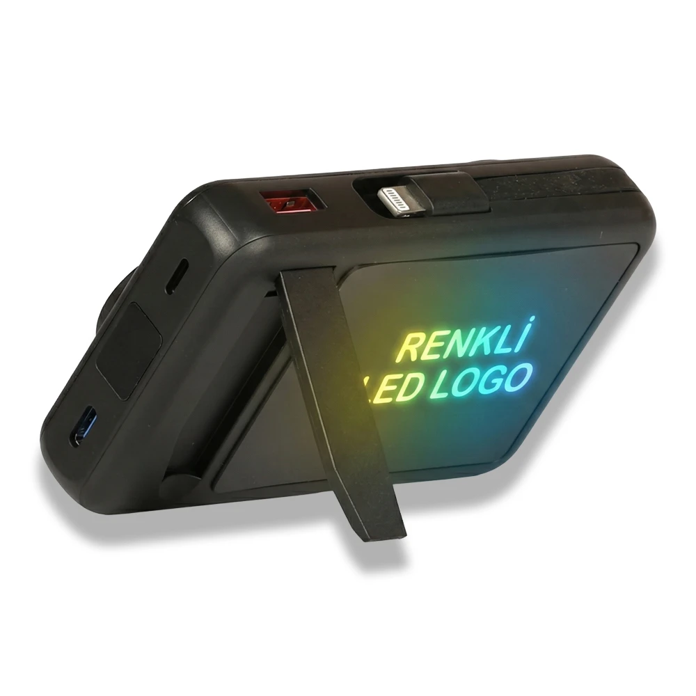 Renkli LED Işıklı Logo MagSafe Powerbank 10.000 mAh (22,5W Hızlı Şarj / 15W Wireless / Akıllı Saat Şarj / Dahili Kablolu)