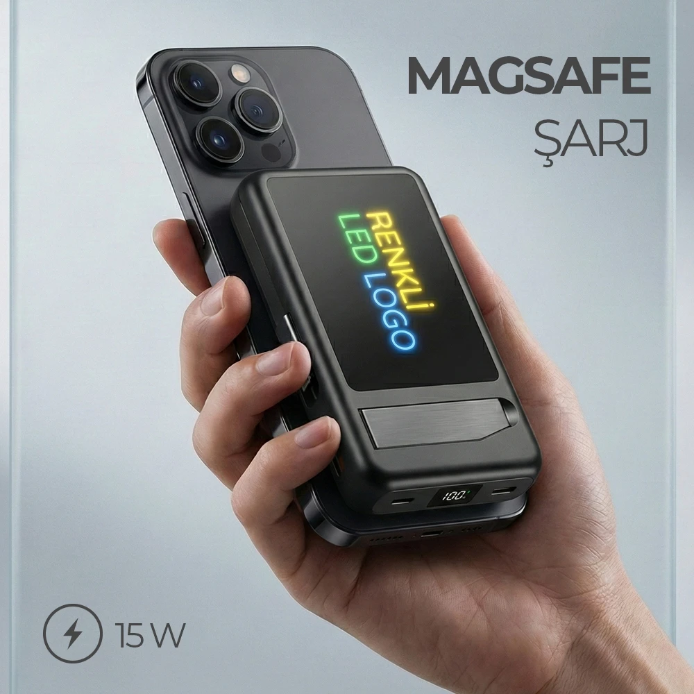 Renkli LED Işıklı Logo MagSafe Powerbank 10.000 mAh (22,5W Hızlı Şarj / 15W Wireless / Akıllı Saat Şarj / Dahili Kablolu) Promozone