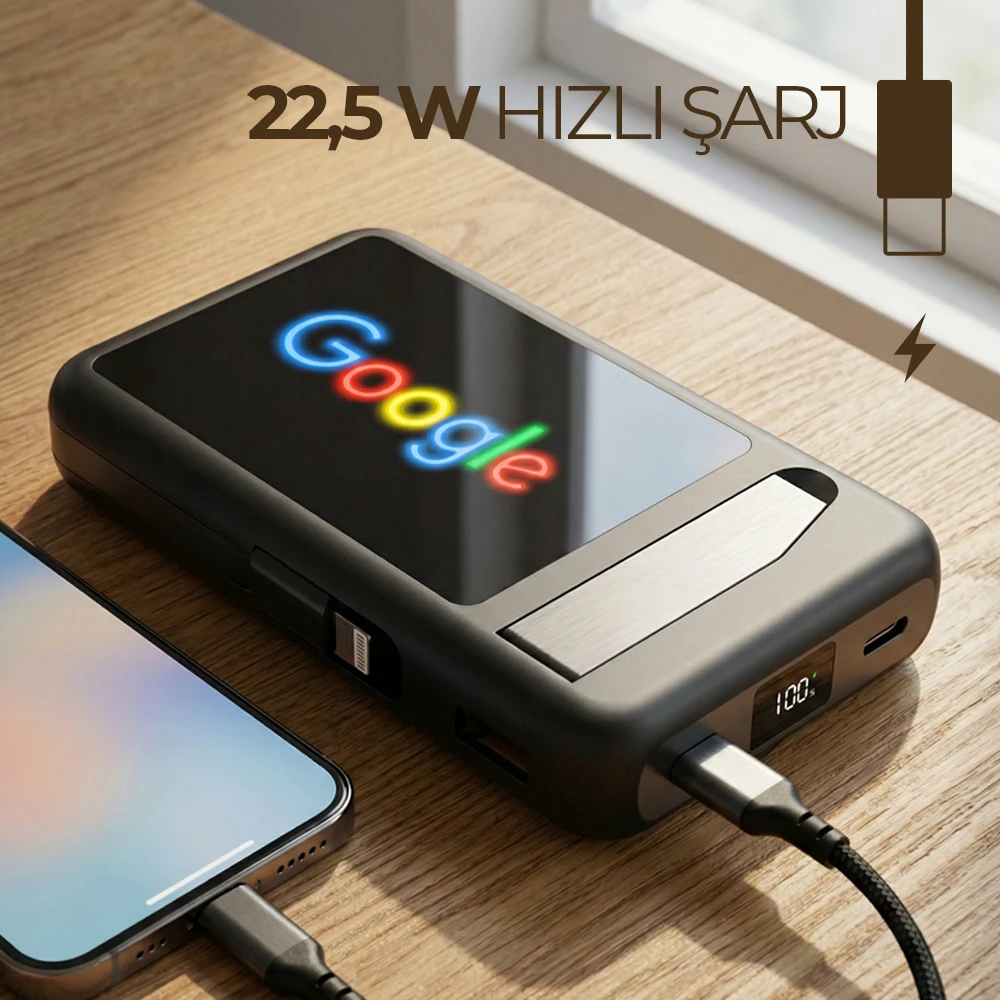Renkli LED Işıklı Logo MagSafe Powerbank 10.000 mAh (22,5W Hızlı Şarj / 15W Wireless / Akıllı Saat Şarj / Dahili Kablolu) Promozone