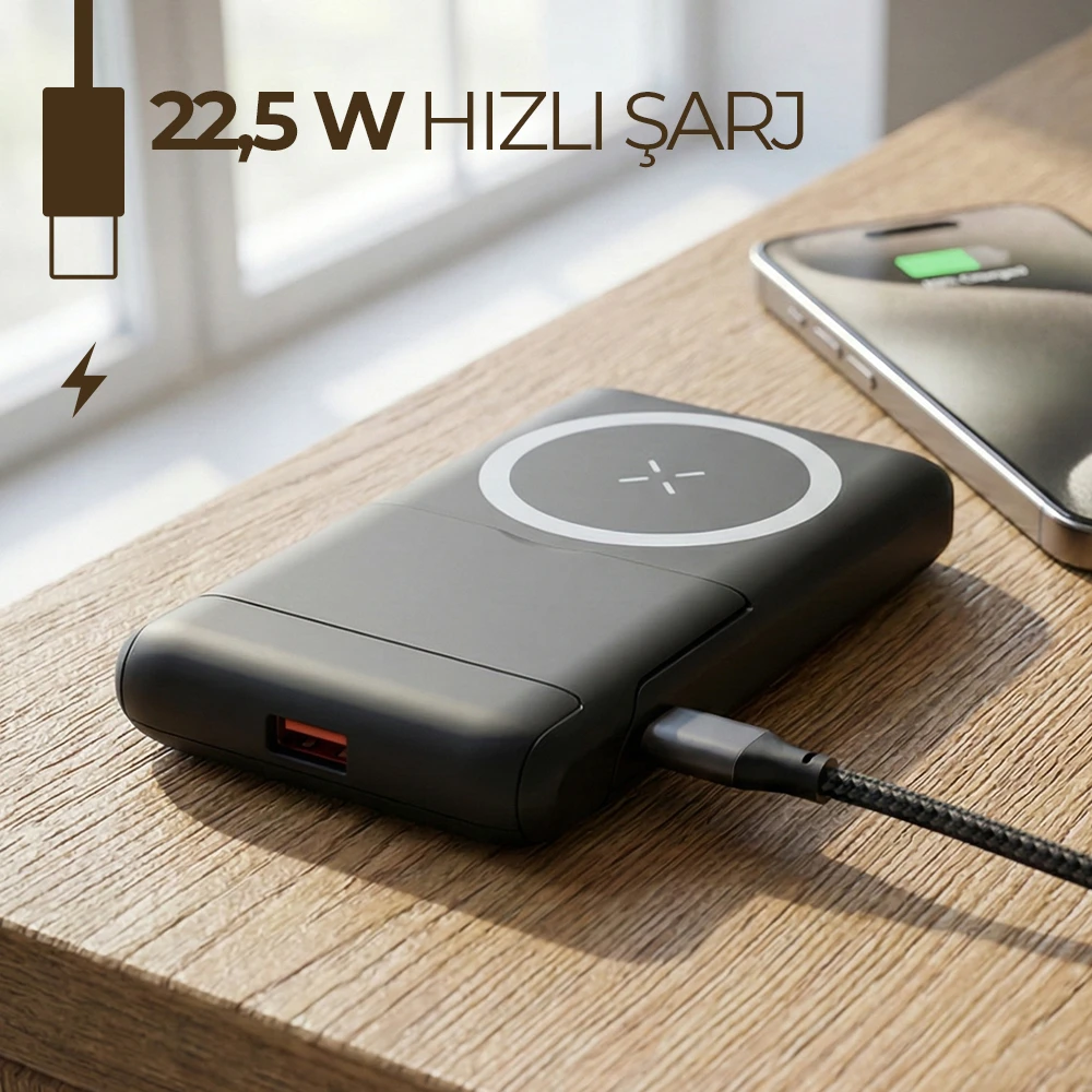 LED Işıklı Logo MagSafe Powerbank 10.000 mAh (22,5W Hızlı Şarj / 15W Wireless Şarj)