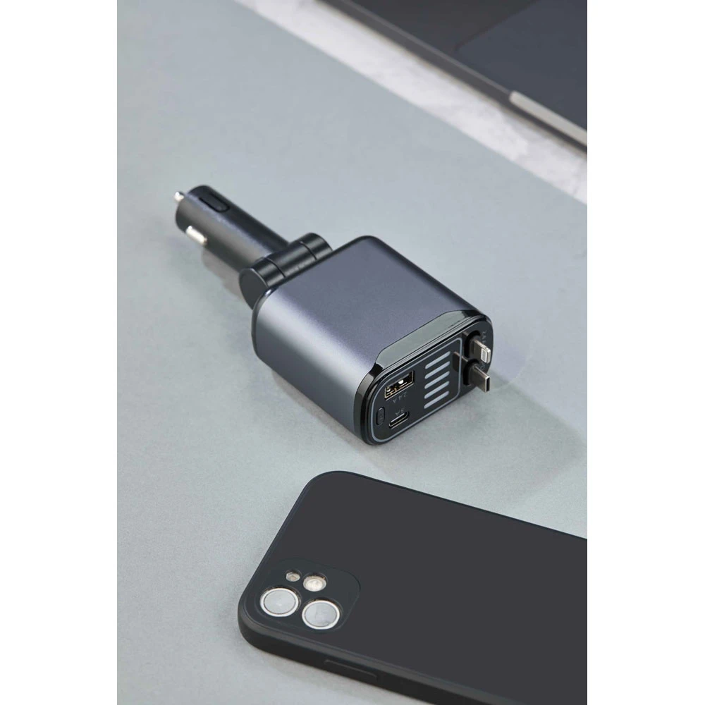 Makaralı Kablolu Çoklu Araç Şarj Aleti (Type-C & Lightning) Hızlı Şarj Özellikli