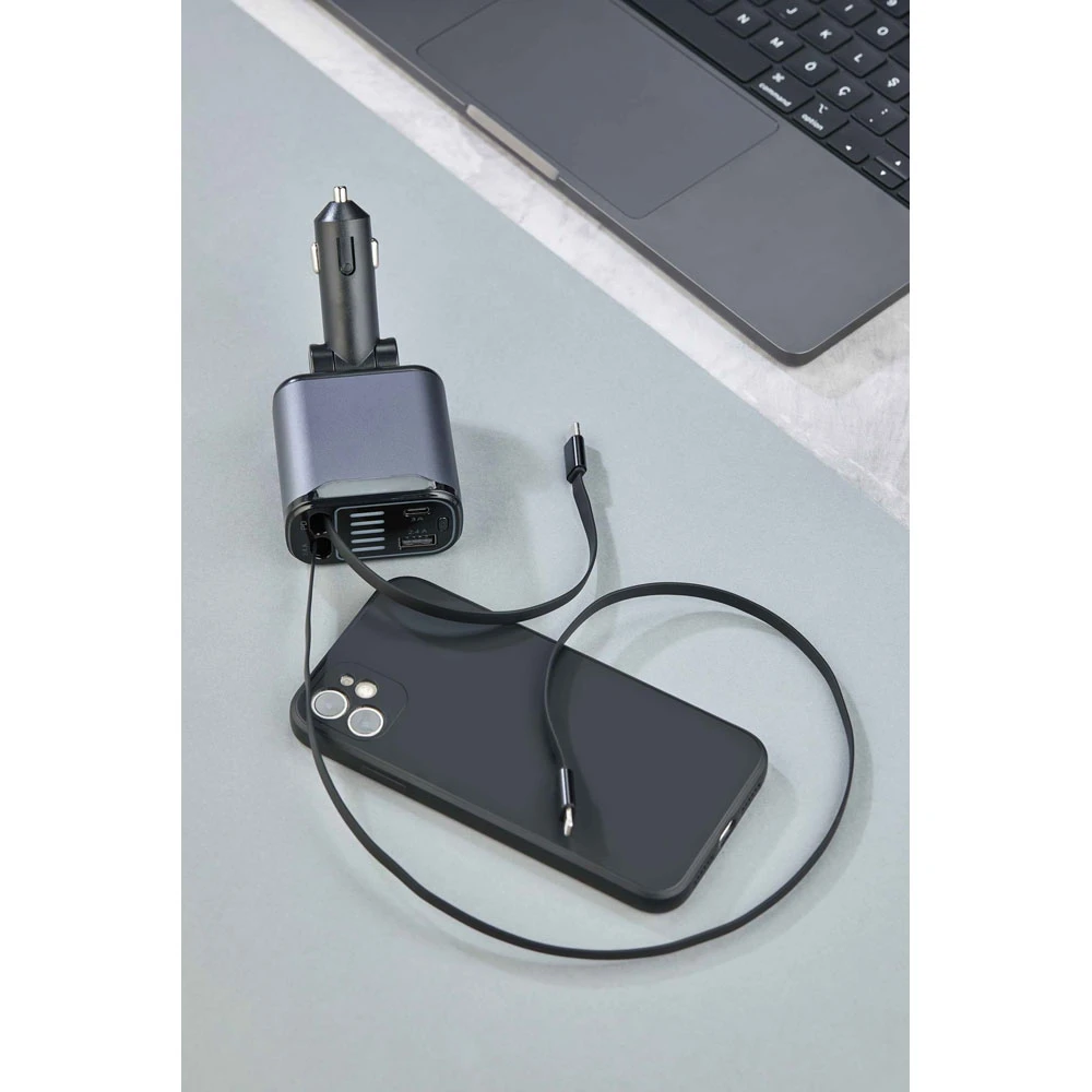 Makaralı Kablolu Çoklu Araç Şarj Aleti (Type-C & Lightning) Hızlı Şarj Özellikli