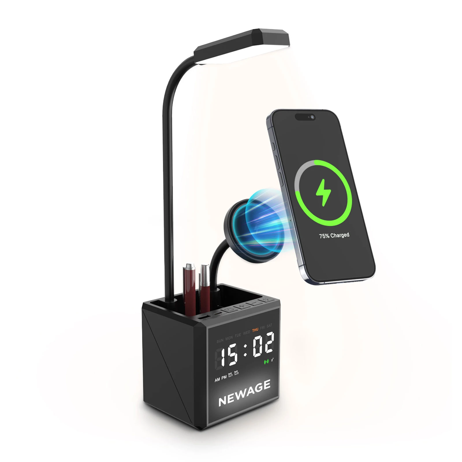 15W MagSafe Kablosuz Şarjlı Masaüstü Organizer – LED Işıklı Logo, Saat, LED Lamba ve Manyetik Telefon Standı