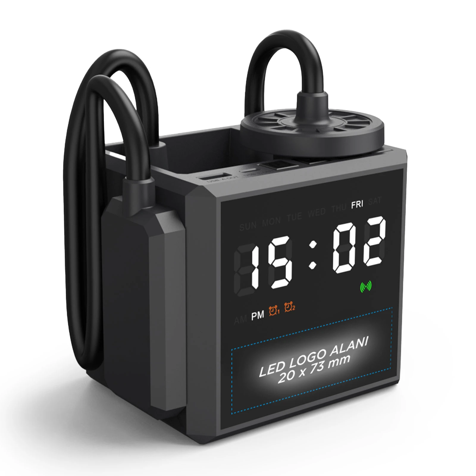 15W MagSafe Kablosuz Şarjlı Masaüstü Organizer – LED Işıklı Logo, Saat, LED Lamba ve Manyetik Telefon Standı