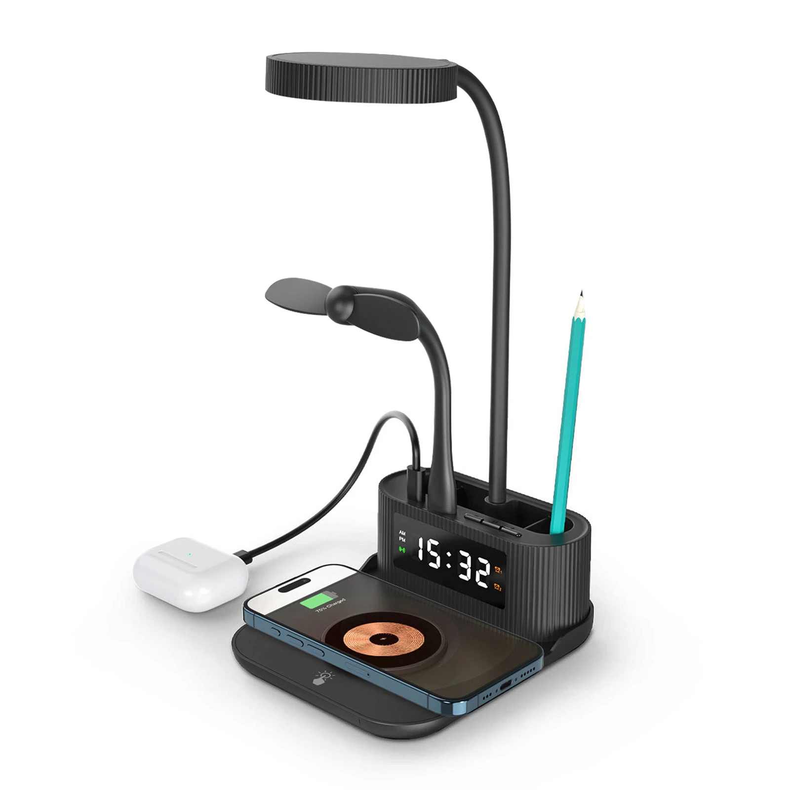 15W MagSafe Kablosuz Şarjlı Masaüstü Organizer – Saat, LED Lamba ve Kalemlik