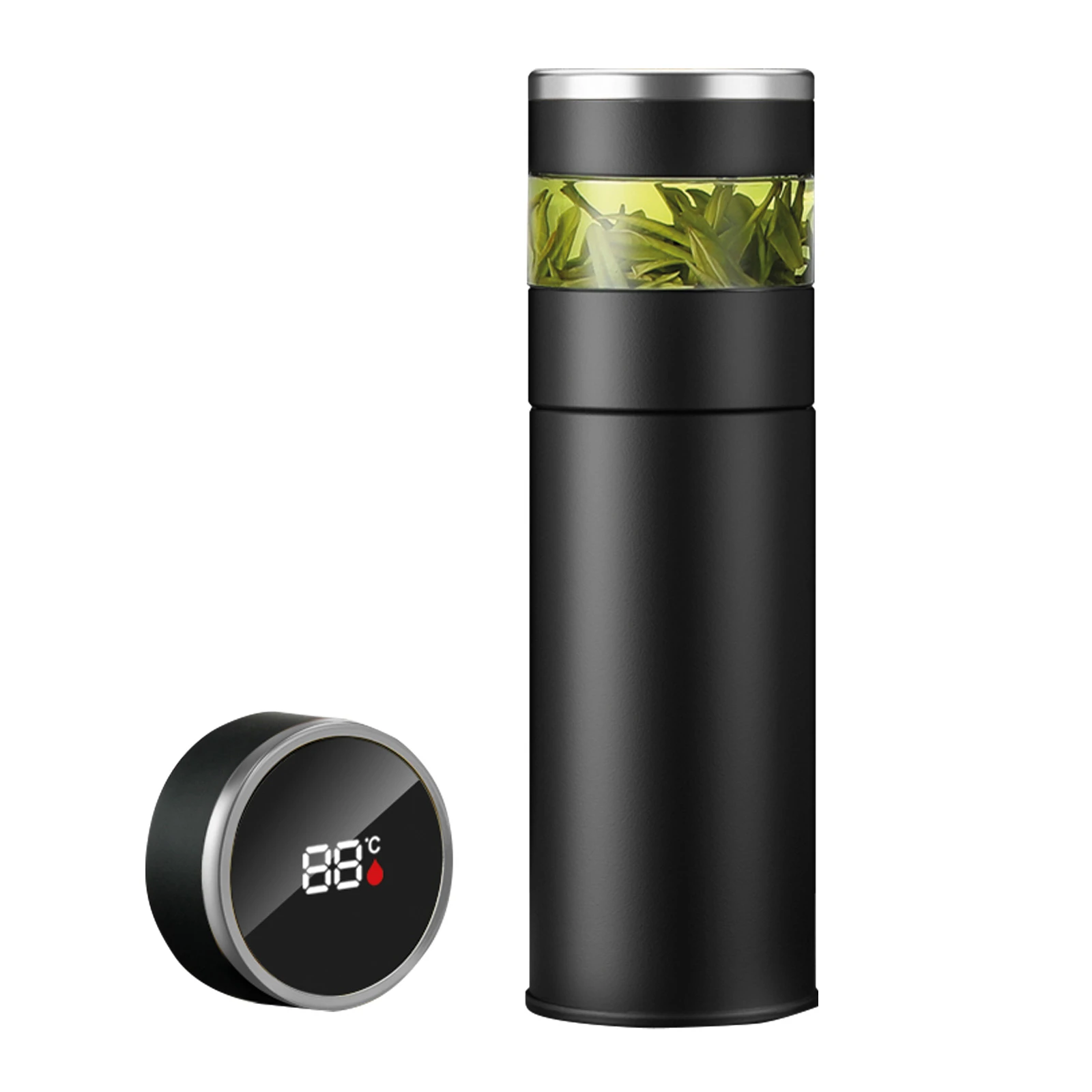 450 ml LED Sıcaklık Göstergeli Dereceli Cam Demlikli Paslanmaz Çelik Termos