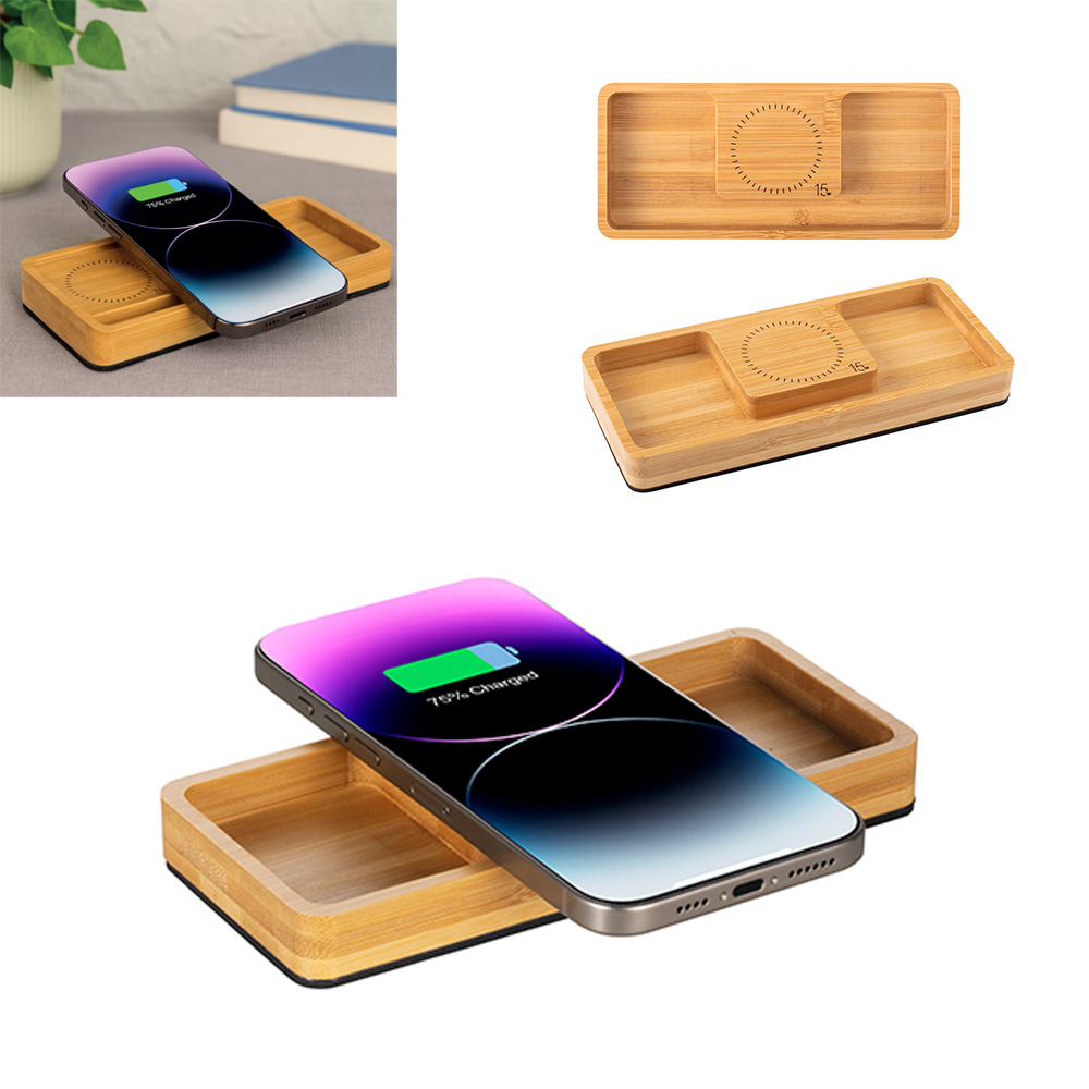15W Wireless Şarj Özellikli Bambu Masaüstü Organizer Promozone