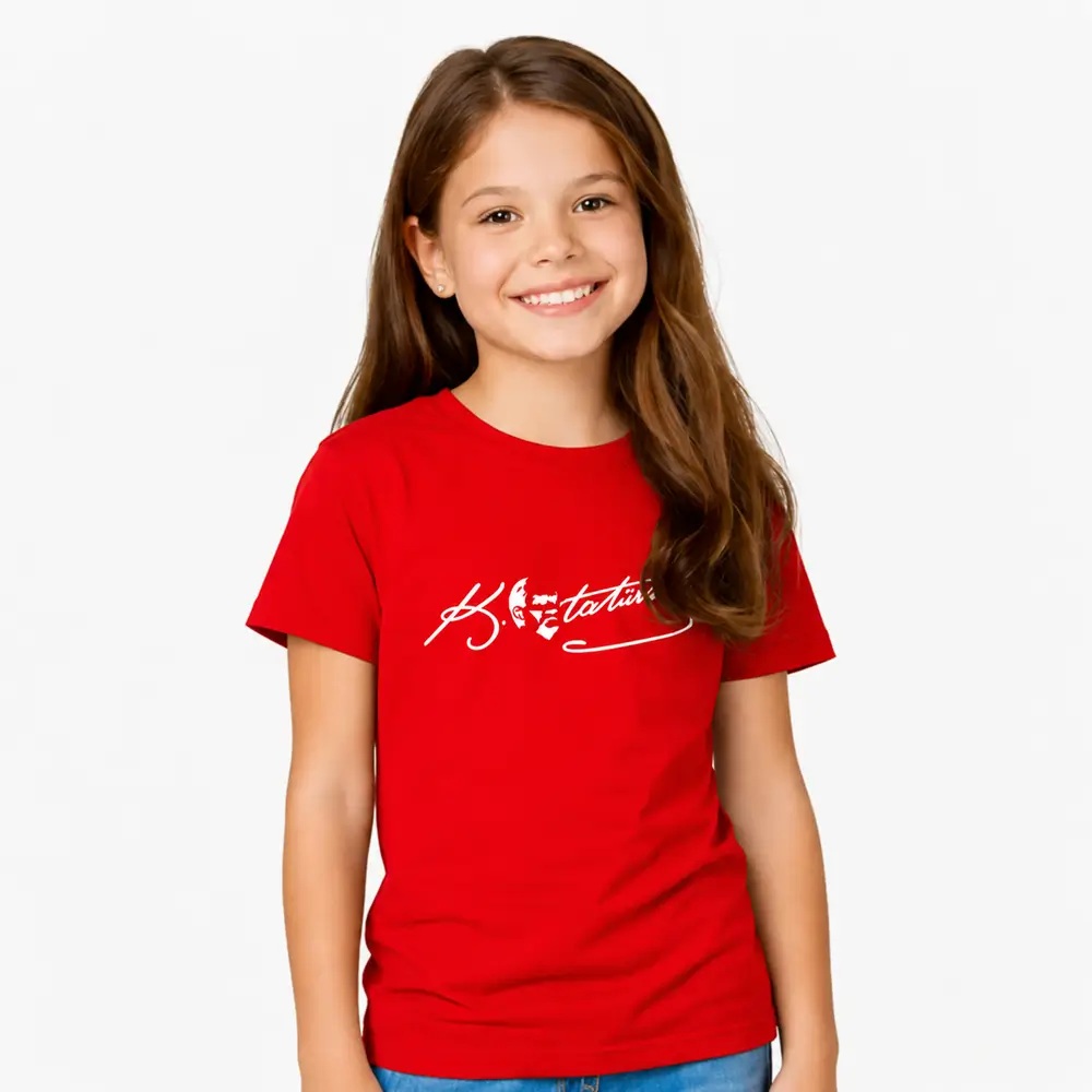 Mustafa Kemal Atatürk İmzalı Kaliteli Sıfır Yaka Çocuk Tişört – 180 GSM %100 Pamuk 24/1 Süprem Kumaş Promozone