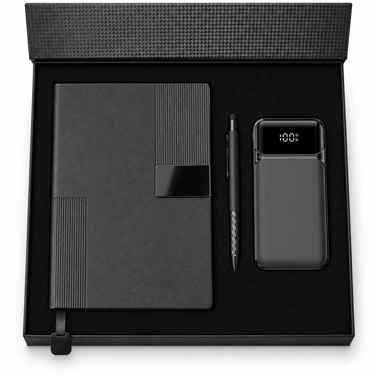 10.000 mAh Powerbank, Touchpen Diamond Kalem & 14×21 Termo Deri Sert Kapaklı Defter Kutulu VIP Hediye Seti Promozone
