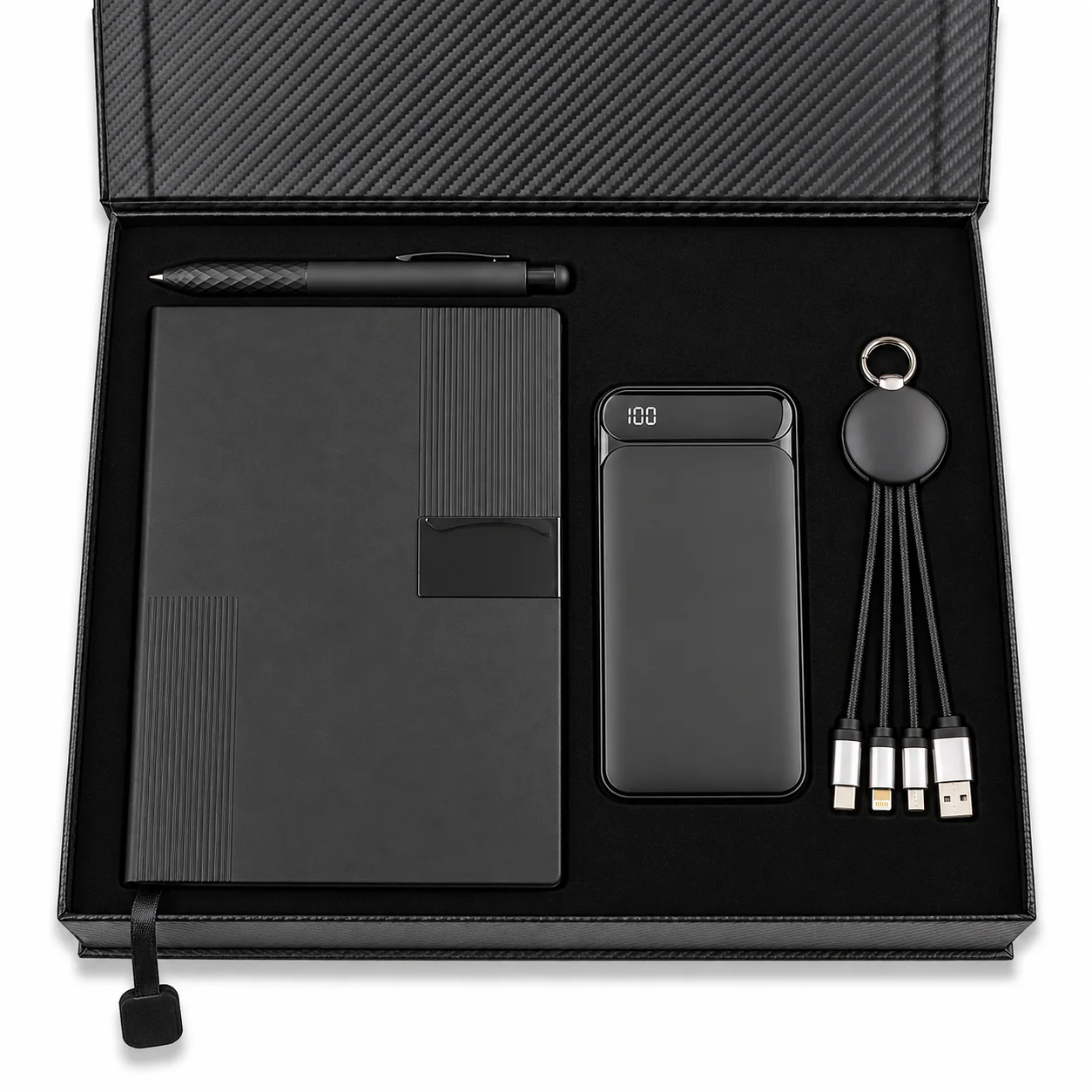 LED Logolu 10.000 mAh Powerbank, Çok Uçlu Kablo, Defter ve Diamond Kalem Kutulu Hediye Seti Promozone