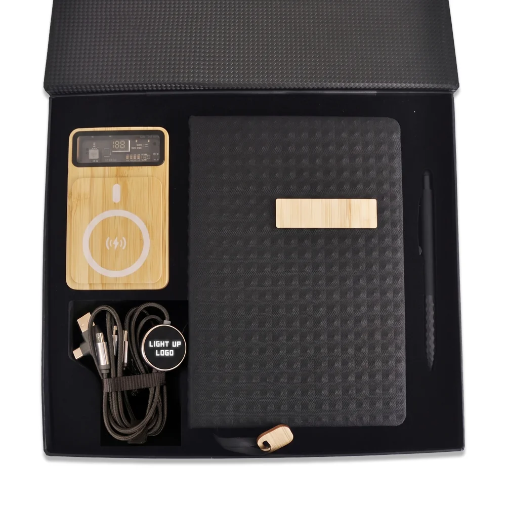 Bambu Powerbank, Çok Uçlu Şarj Kablosu, Kumaş-Bambu Detaylı Defter & Touchpen Diamond Kalem Kutulu VIP Hediye Seti Promozone