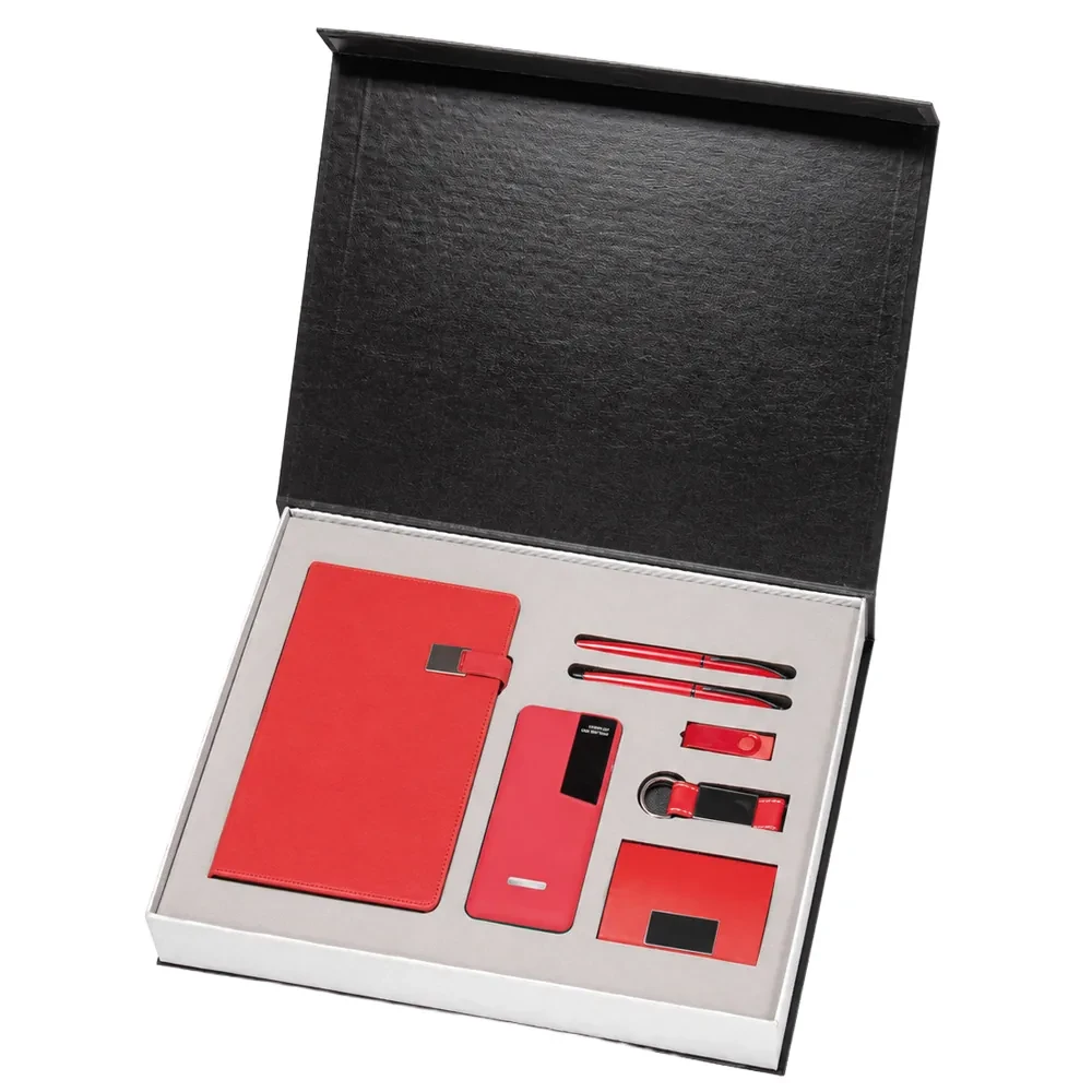 Defter, 13000 mAh Powerbank, İkili Kalem, Anahtarlık, USB Bellek ve Kartvizitlik Kutulu Hediye Seti — Kırmızı