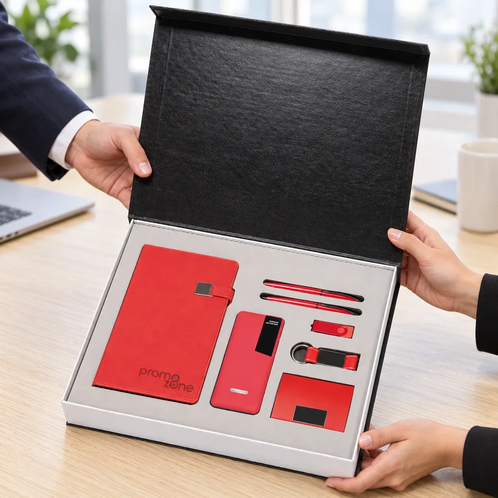 Defter, 13000 mAh Powerbank, İkili Kalem, Anahtarlık, USB Bellek ve Kartvizitlik Kutulu Hediye Seti Promozone