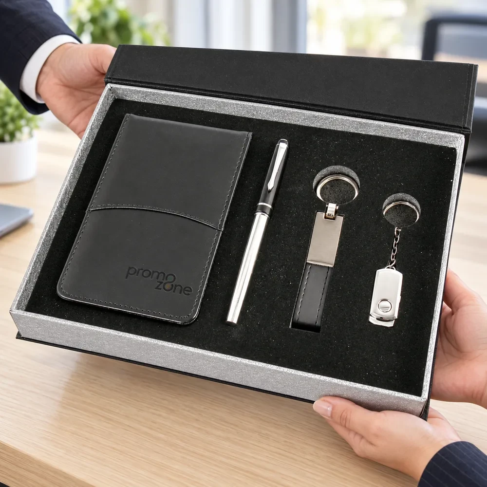Cep Bloknotu, Roller Kalem, Anahtarlık ve 16 GB USB Bellek Kutulu Hediye Seti Promozone