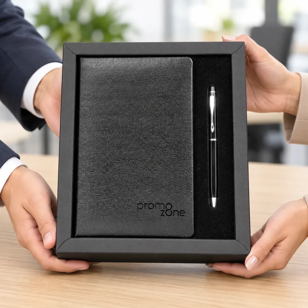 13 × 21 cm Cilt Bezi Defter ve Metal Kalem Kutulu Hediye Seti Promozone