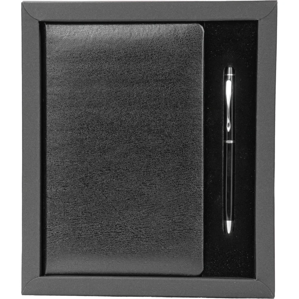 13 × 21 cm Cilt Bezi Defter ve Metal Kalem Kutulu Hediye Seti — Parlak