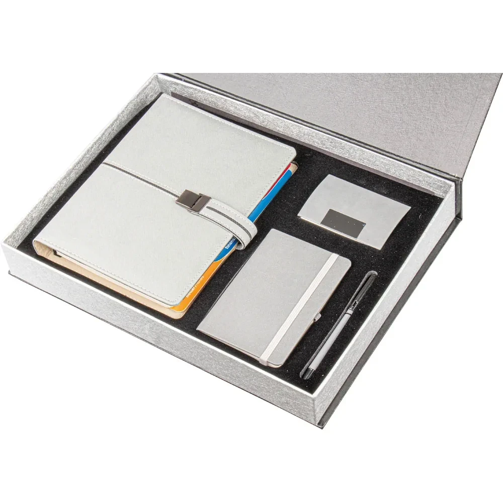 18 × 23 cm Organizer, Cep Defteri, Roller Kalem ve Kartvizitlik Kutulu Hediye Seti — Gri