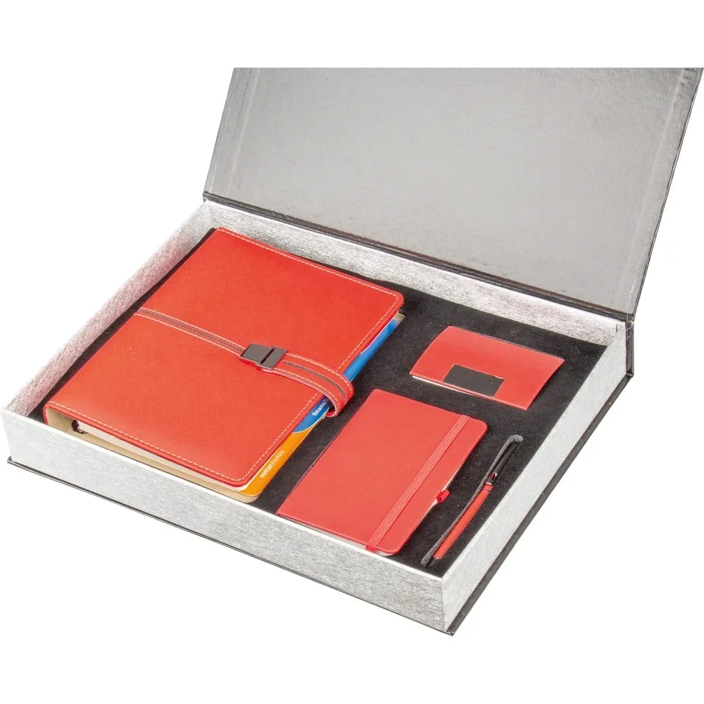 18 × 23 cm Organizer, Cep Defteri, Roller Kalem ve Kartvizitlik Kutulu Hediye Seti — Kırmızı