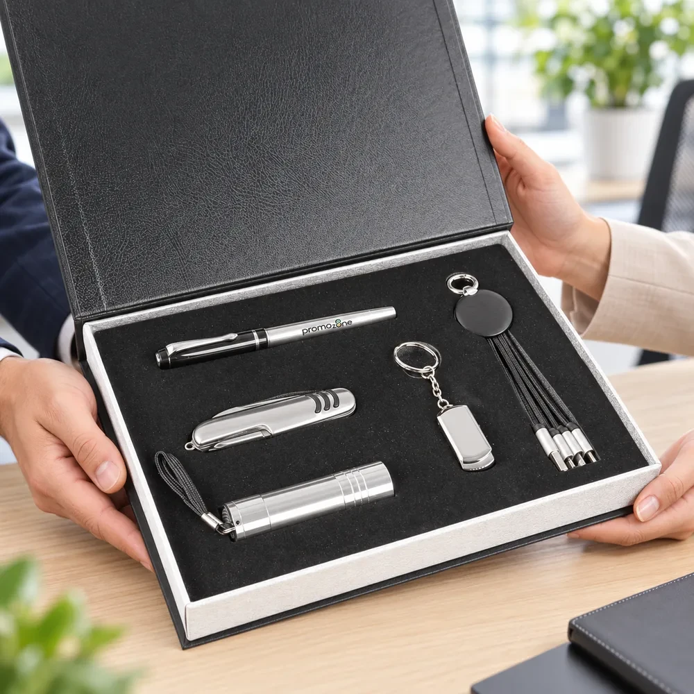 Roller Kalem, Işıklı Şarj Kablosu, 16 GB USB Bellek, Fener ve Çakı Kutulu Hediye Seti Promozone