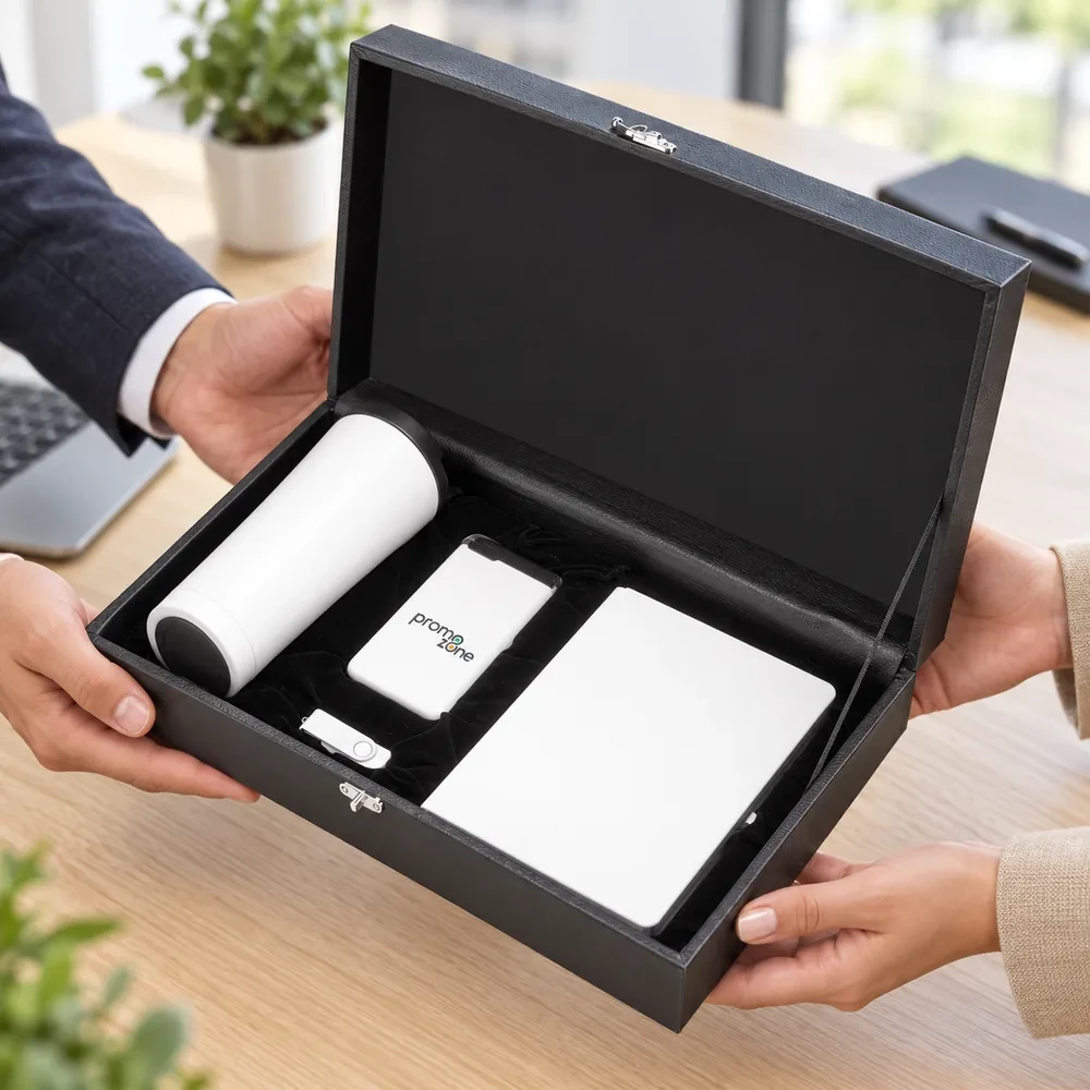 500 ml Termos, 15 × 21 cm Defter, Powerbank ve 16 GB USB Bellek Kutulu Hediye Seti Promozone