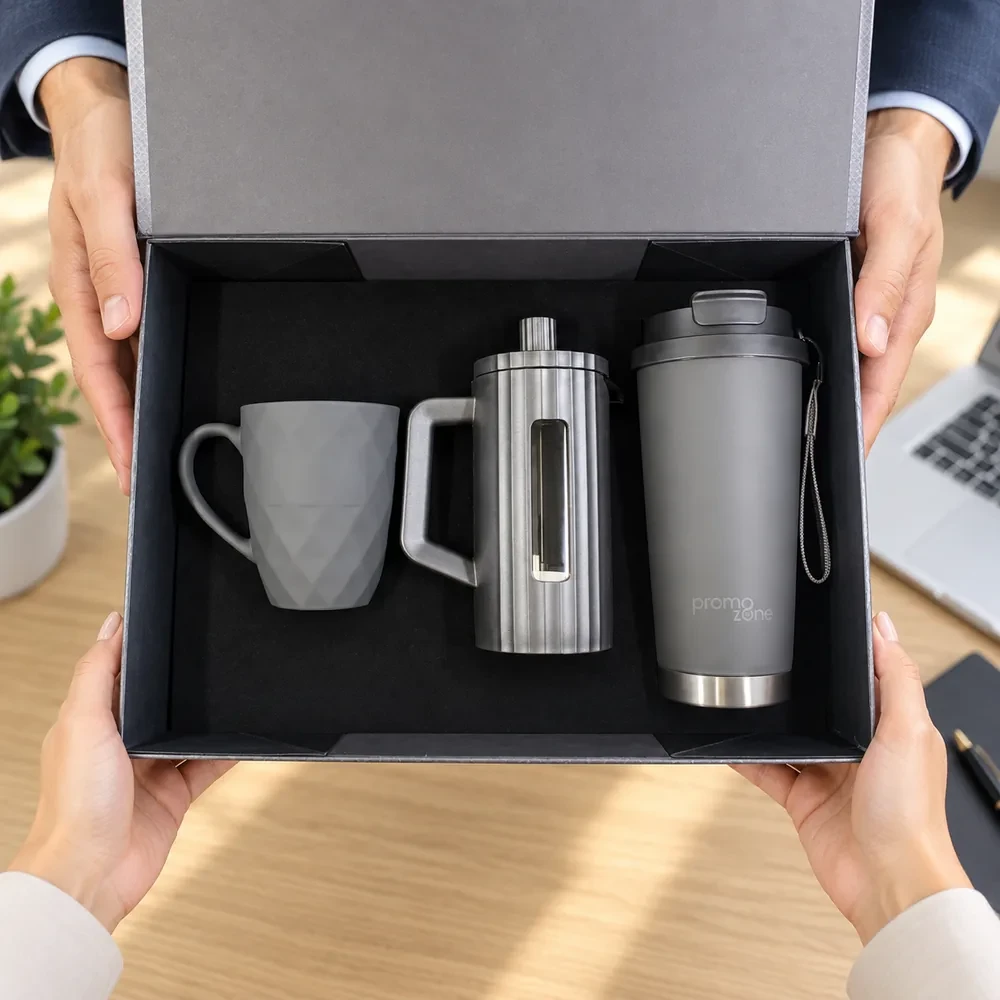 350 ml French Press, 330 ml Porselen Kupa ve 500 ml Termos Kutulu Hediye Seti