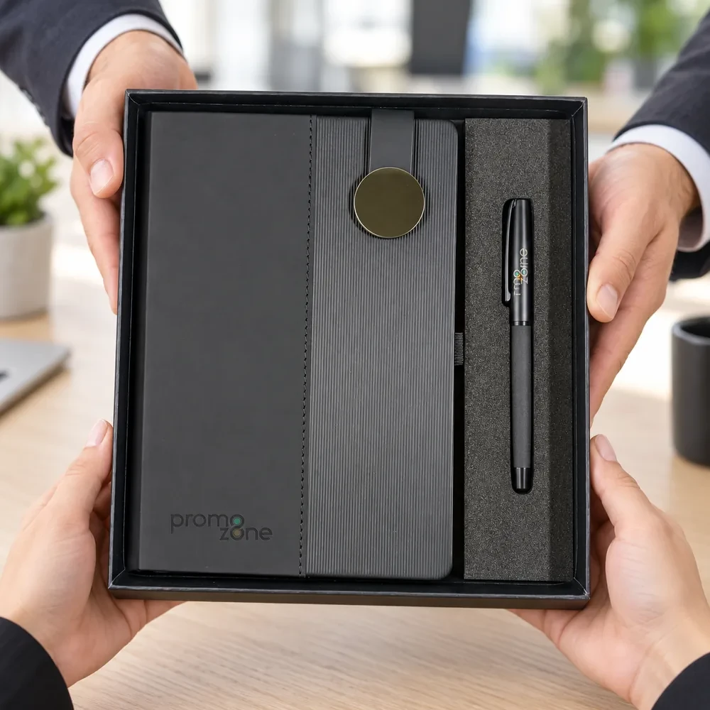 Yuvarlak Metal Tokalı Defter ve Deri Roller Kalem Kutulu Hediye Seti