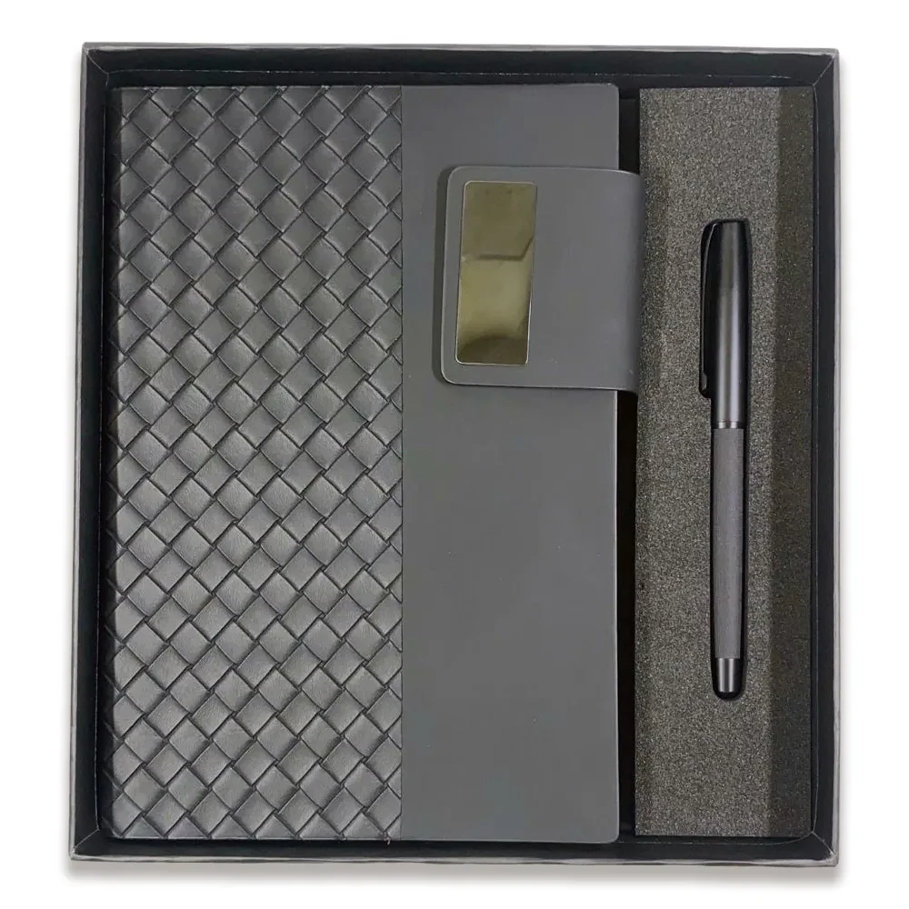 Örgü Desenli Mıknatıslı Tokalı Defter ve Deri Roller Kalem Kutulu Hediye Seti