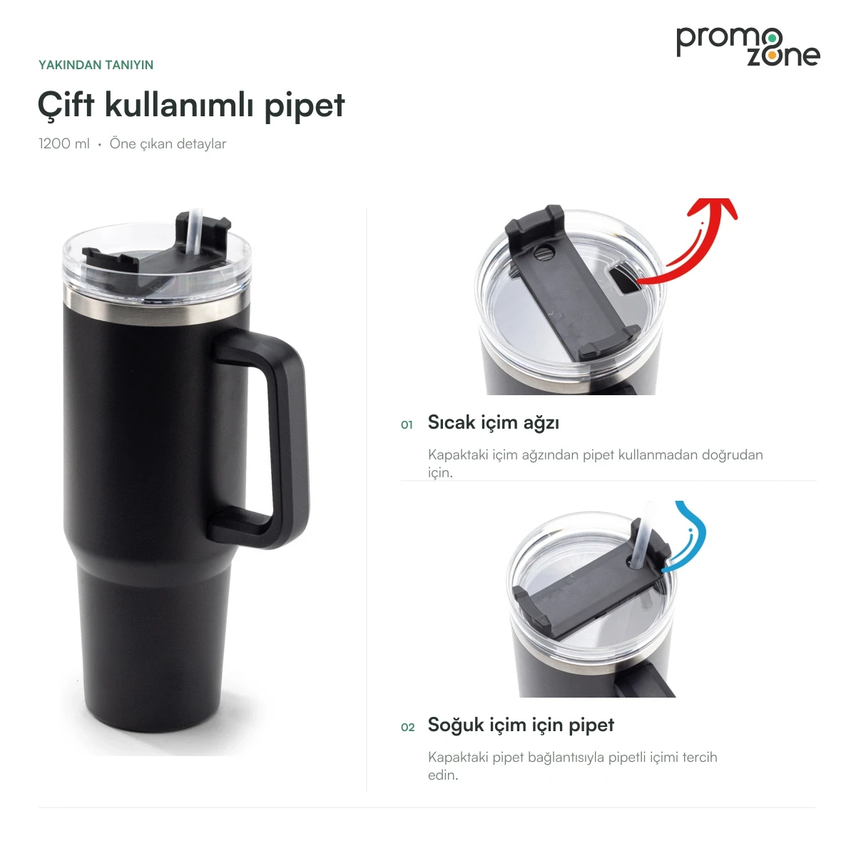 1200 ml Çift İçim Kapaklı Pipetli Termos — özelliklerin yakından görünümü
