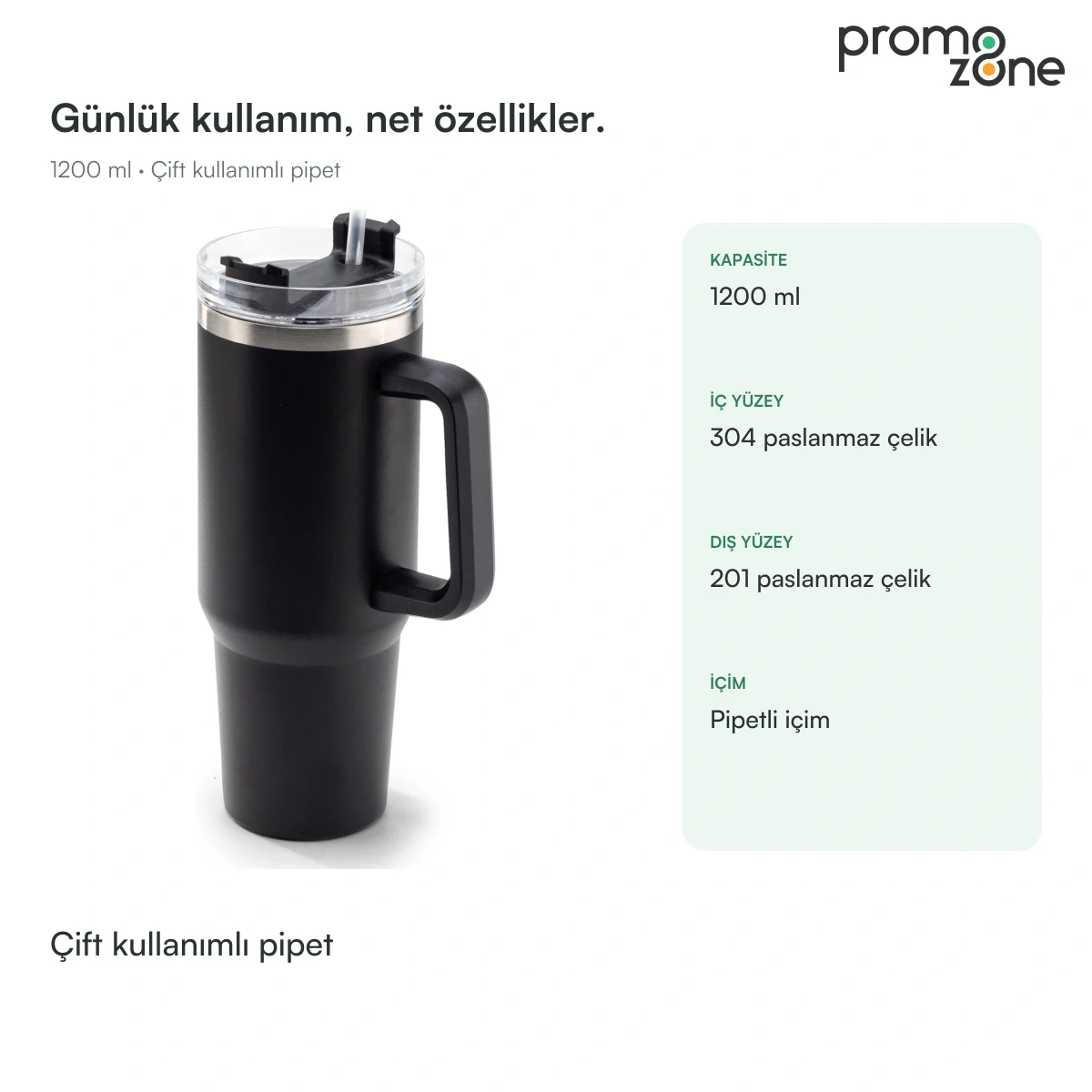 1200 ml Çift İçim Kapaklı Pipetli Termos Promozone