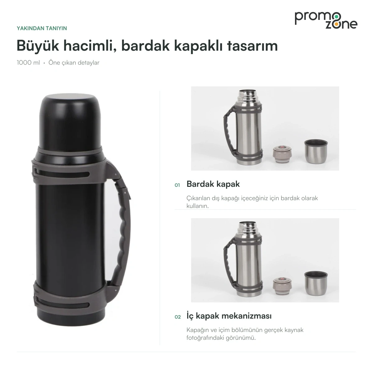 1000 ml Büyük Hacimli Bardak Kapaklı Termos